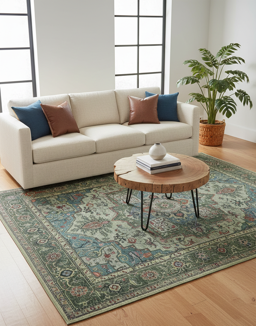 Comment intégrer un tapis d'Orient vert sauge dans un salon moderne ?