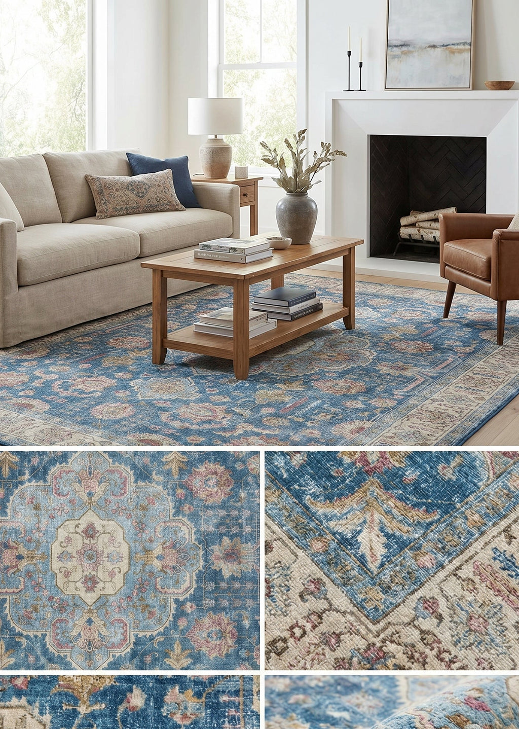 Tapis Persan Qom bleu vintage